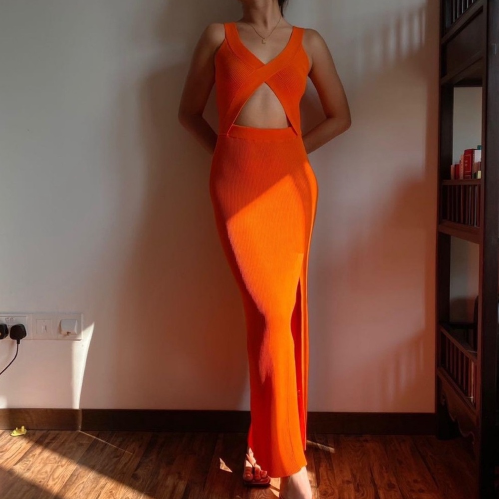 Orange Knit Cutout Sexy Midi Dress